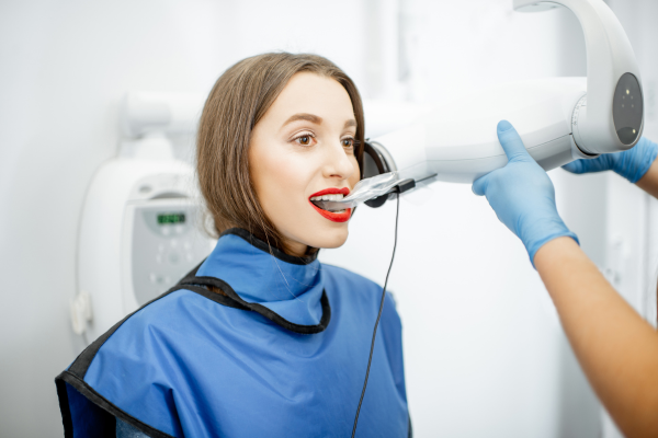 A woman getting bite-wing dental x-rays in our Naperville dental office.
